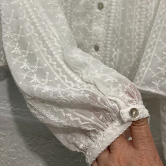 ZARA Long Sleeve Button Down Crop Top Eyelet Embroidered Semi sheer White M - Picture 10 of 11